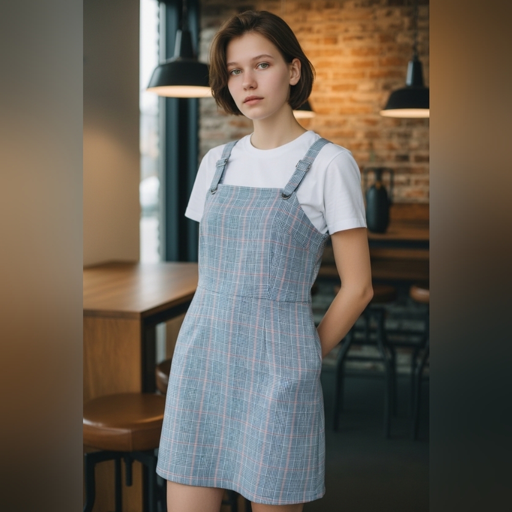 Plaid Pinafore Dress Women’s Overall Jumper Blue Gray Check Mini Dress XS‎